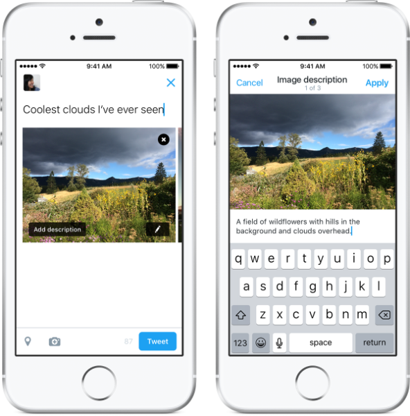 Two mobile phone screenshots. The first shows a draft Twitter post reading, 'Coolest clouds I've ever seen' with a photo attached. The second shows the Image Description input screen with text reading 'A field of wildflowers with hills in the background and clouds overhead'.