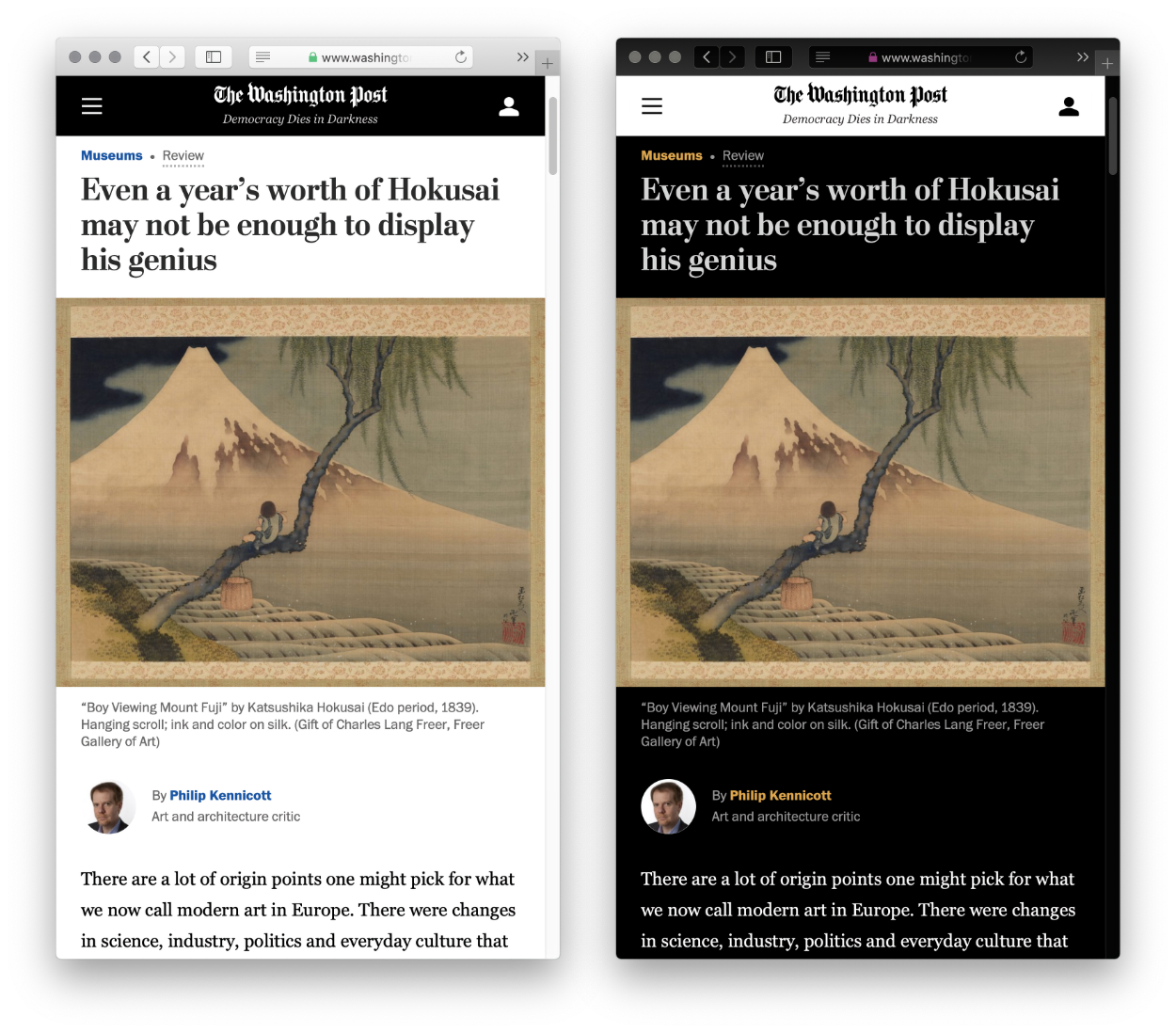 A side-by-side comparison of regular and Inverted Colors Mode. The left screenshot is a Washington Post review of a Hokusai exhibit, including a headline, feature image of Mount Fuji, author photo and intro paragraph. The article’s design uses black text on a white background. The right screenshot is the same article, but with Inverted Colors Mode activated. The article is now white text on a black background.